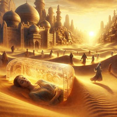 The primary subject of the image is a woman lying in a glass case or a glass bed, which is placed in a desert-like environment. The setting is a sandy landscape with a few other people scattered around the area. The visual style of the image is a combination of digital art and illustration, creating a unique and artistic representation of the scene. The colors and mood of the image are predominantly warm and earthy tones, reflecting the desert setting and the woman's resting state.